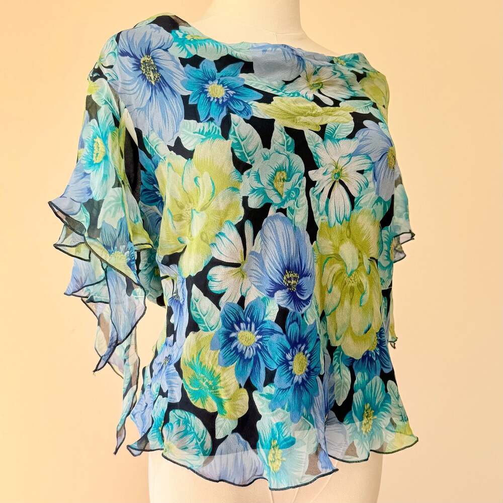 Vintage Y2K 100% Silk Blue Green Floral Flutter Sleeve Fairy Blouse